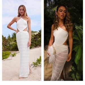 PATBO ivory crotchet cutout halter maxi beach dress